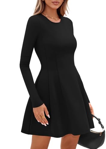 Long Sleeve Mini Dress for Women 2025 Fall Crewneck Knit Pleated Babydoll A Line Soft Casual Short Party Dresses
