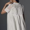 Women Crochet Lace Mini Dress Round Neck Short Sleeve Sheer Mesh Clothing Casual Outfits with Lace Back Design