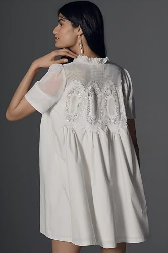 Women Crochet Lace Mini Dress Round Neck Short Sleeve Sheer Mesh Clothing Casual Outfits with Lace Back Design