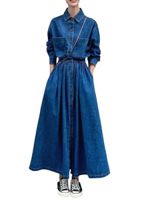 Women's Denim Dress Lapel Button Down Long Sleeve A Line Jeans Maxi Dress Plus Size Denim Shirt Dress with Pockets