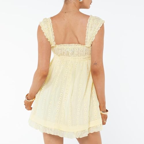 Women's Babydoll Mini Dress Floral Embroidery Summer Sleeveless Loose A Line Flowy Short Sundress for Beach Club Party