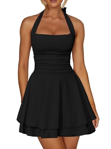 Women's Sexy Halter Ruffle Hem Mini Dress Ruched Waist Corset Short Party Dresses