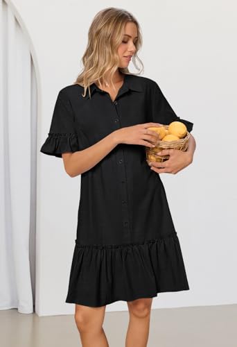 Women's Summer Button Down Shirt Dress Casual Ruffle Sleeve Shift Mini Dresses with Pockets
