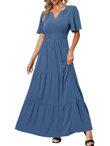 Women's Summer Boho Maxi Dresses Casual V Neck Short Sleeve A-line Empire Waist Long Flowy Beach Dress