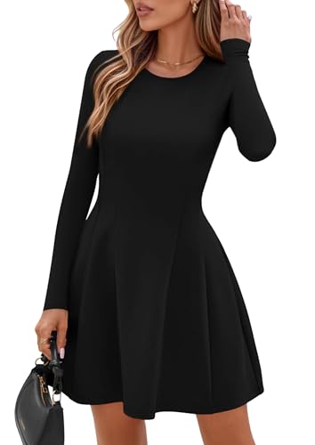 Long Sleeve Mini Dress for Women 2025 Fall Crewneck Knit Pleated Babydoll A Line Soft Casual Short Party Dresses