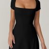 Womens Square Neck Tennis Dress Short Sleeve Built in Shorts Golf Athletic Dress with Pockets