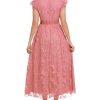 Women's Casual Tulle Midi Dress Ruffle Sleeve Crewneck Lace Flowy Dresses Party Wedding Guest Sundress