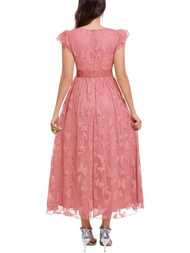 Women's Casual Tulle Midi Dress Ruffle Sleeve Crewneck Lace Flowy Dresses Party Wedding Guest Sundress