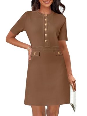 Women's Knit Bodycon Sweater Dress Button Short Sleeve Crew Neck Elegant Formal Mini Dress