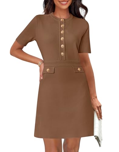 31jgkqfSM3L.jpg Women's Knit Bodycon Sweater Dress Button Short Sleeve Crew Neck Elegant Formal Mini Dress