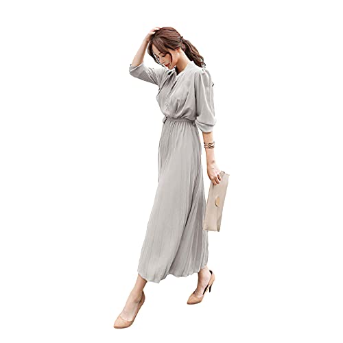 Womens Pleated Long Sleeve Loose Dress Casual Maxi Dresses with Tie Waist