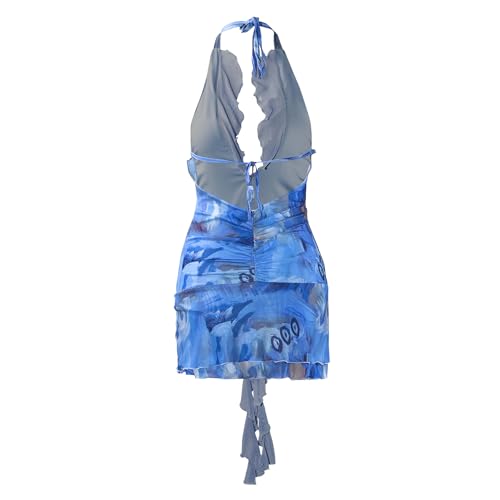 Women Sexy Halter Neck Floral Bodycon Mini Dress Backless Ruffle Layered Short Party Mesh Dress