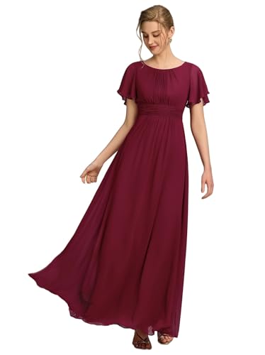 Women's Classic Round Neck Short Sleeves Chiffon Floor Length Bridesmaid Dress 01840-PH