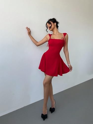 Women's Mini Sexy Dress 2025 Summer Sleeveless Spaghetti Strap Tie Mini Dress