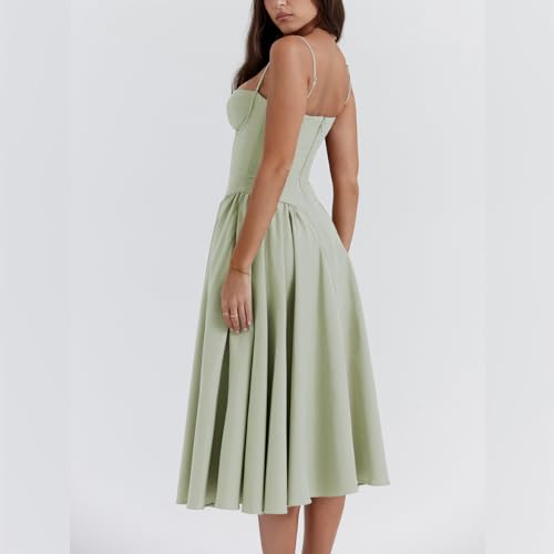 Women??s Corset Dress Sexy Spaghetti Strap Bustier Midi Dress Low Cut Flowy Pleated Hem Formal Dresses with Pockets