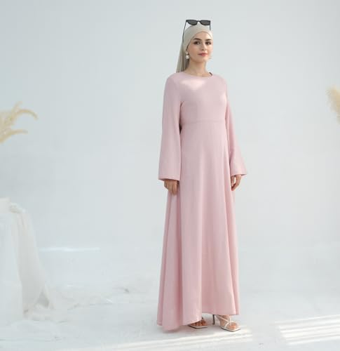 31lHQdKEdBL.jpg Hanimeli Linen Long Sleeve Maxi Dress A-Line Modest Abaya for Summer and Spring Lightweight Breathable Dress