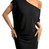Women's Off The Shoulder Mini Dress Asymmetrical Neck Short Sleeve Casual Bodycon T Shirt Dresses
