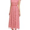 Women's Casual Tulle Midi Dress Ruffle Sleeve Crewneck Lace Flowy Dresses Party Wedding Guest Sundress