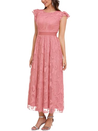 Women's Casual Tulle Midi Dress Ruffle Sleeve Crewneck Lace Flowy Dresses Party Wedding Guest Sundress