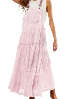 Women Bib Overall Dress Jumper Babydoll Pinafore Dress Embroidered Lace Maternity Straps Suspender Dress