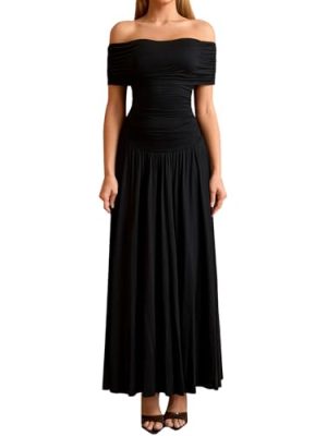 Off The Shoulder Maxi Dress for Women Summer Ruched Bodycon Pleated Flowy Formal Wedding Guest Long Dresses