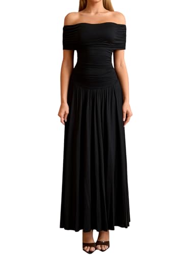 Off The Shoulder Maxi Dress for Women Summer Ruched Bodycon Pleated Flowy Formal Wedding Guest Long Dresses