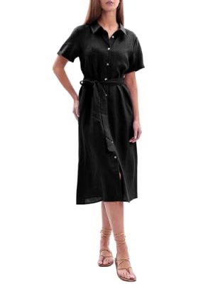 Women's 100% Linen Summer Casual Loose Button Down Midi Shirt Dresses