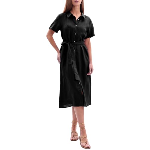 Women's 100% Linen Summer Casual Loose Button Down Midi Shirt Dresses
