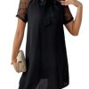 Women's Boho 2025 Summer Mini Dress, Contrast Mesh Raglan Sleeve Tie Neck Tunic Dress