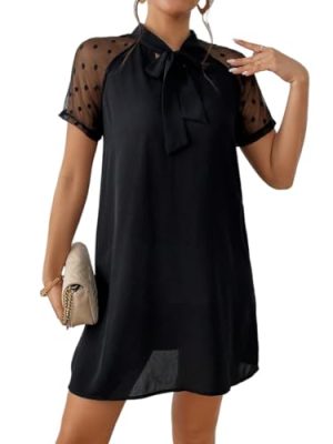Women's Boho 2025 Summer Mini Dress, Contrast Mesh Raglan Sleeve Tie Neck Tunic Dress