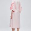 Women Casual V-Neck Mid Dress Floral Embroidery 3/4 Sleeves Spring Summer Tunic Dress Loose Zip Party Dress with Pocket