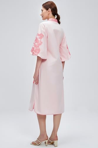 Women Casual V-Neck Mid Dress Floral Embroidery 3/4 Sleeves Spring Summer Tunic Dress Loose Zip Party Dress with Pocket