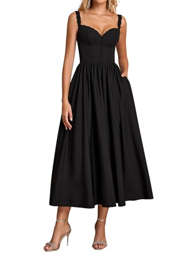 Summer Corset Midi Dress Formal Flowy A Line Lace Spaghetti Strap Wedding Guest Dresses for Women Sundress with Pockets