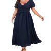Women's Plus Size Lace Maxi Dress Short Sleeve V Neck Flowy Empire Waist Smocked Back Wedding Guest Dress