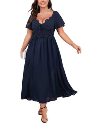 Women's Plus Size Lace Maxi Dress Short Sleeve V Neck Flowy Empire Waist Smocked Back Wedding Guest Dress