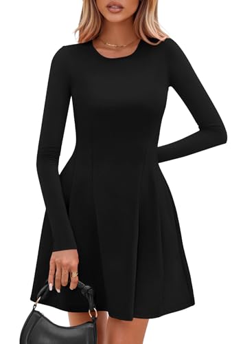 Long Sleeve Mini Dress for Women 2025 Fall Crewneck Knit Pleated Babydoll A Line Soft Casual Short Party Dresses