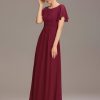 Women's Classic Round Neck Short Sleeves Chiffon Floor Length Bridesmaid Dress 01840-PH