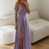 Off Shoulder Satin Bridesmaid Dresses Spaghetti Strap Long Ruched A Line Formal Prom Dress with Slit 006