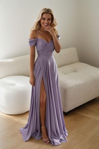 Off Shoulder Satin Bridesmaid Dresses Spaghetti Strap Long Ruched A Line Formal Prom Dress with Slit 006