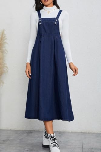Women's Casual Denim Overall Dress Sleeveless Flowy Baggy Long Jean Jumper Dresses