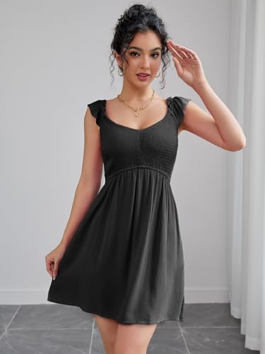 Women's Smocked A-Line Mini Dress Summer Sleeveless Ruffle Strap Flowy Crinkled Sundresses