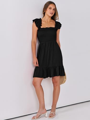 Womens Summer Casual Square Neck Smocked Short Sundress 2025 Spring Beach Vacation Flowy Cute Teen Boho Dresses