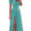 Off Shoulder Satin Bridesmaid Dresses Spaghetti Strap Long Ruched A Line Formal Prom Dress with Slit 006