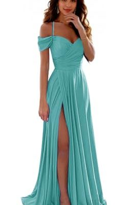 Off Shoulder Satin Bridesmaid Dresses Spaghetti Strap Long Ruched A Line Formal Prom Dress with Slit 006