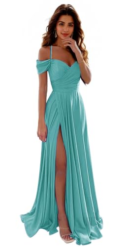 Off Shoulder Satin Bridesmaid Dresses Spaghetti Strap Long Ruched A Line Formal Prom Dress with Slit 006