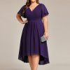 A Line V Neck Chiffon Short Sleeves High Low Knee Length Plus Size Wedding Guest Dresses for Curvy Women 01923-DA