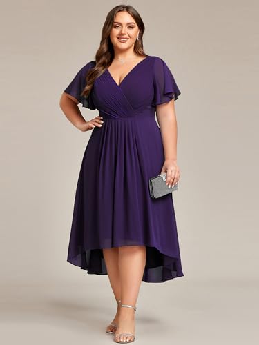 A Line V Neck Chiffon Short Sleeves High Low Knee Length Plus Size Wedding Guest Dresses for Curvy Women 01923-DA