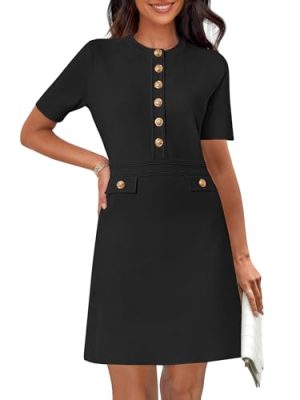 Women's Knit Bodycon Sweater Dress Button Short Sleeve Crew Neck Elegant Formal Mini Dress