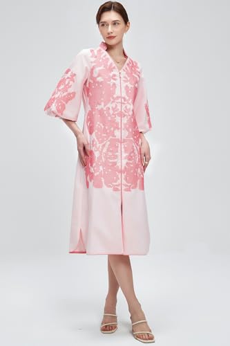 Women Casual V-Neck Mid Dress Floral Embroidery 3/4 Sleeves Spring Summer Tunic Dress Loose Zip Party Dress with Pocket