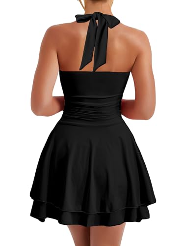 Women's Sexy Halter Ruffle Hem Mini Dress Ruched Waist Corset Short Party Dresses